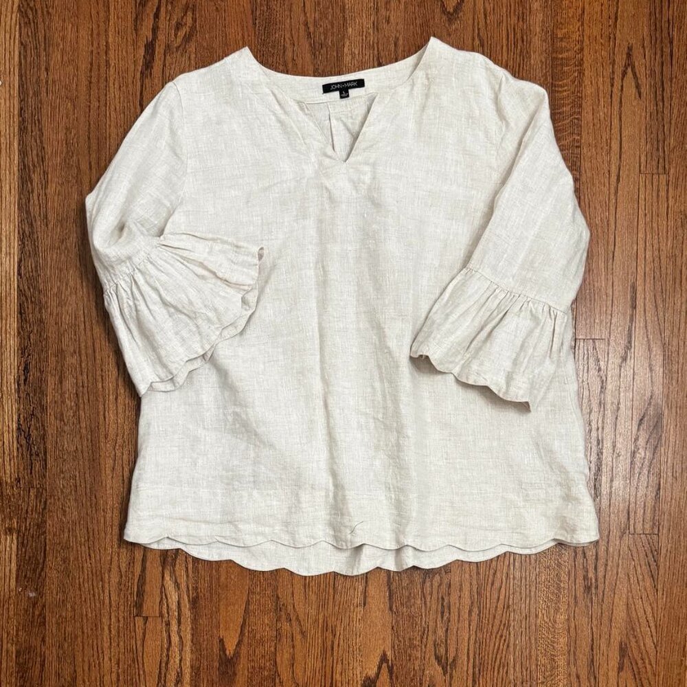 John Mark Linen Top L Oatmeal 3/4 sleeve